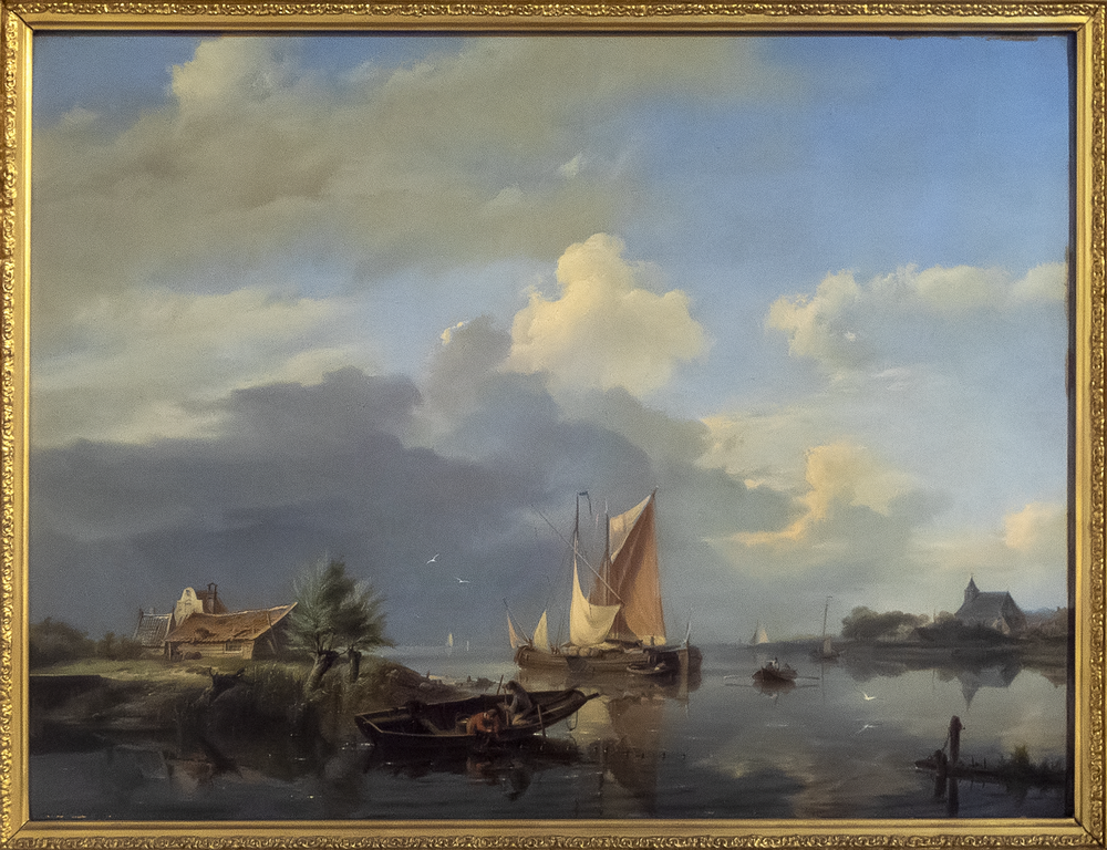 J. Koekkoek, Rivierlandschap met twee tjalken